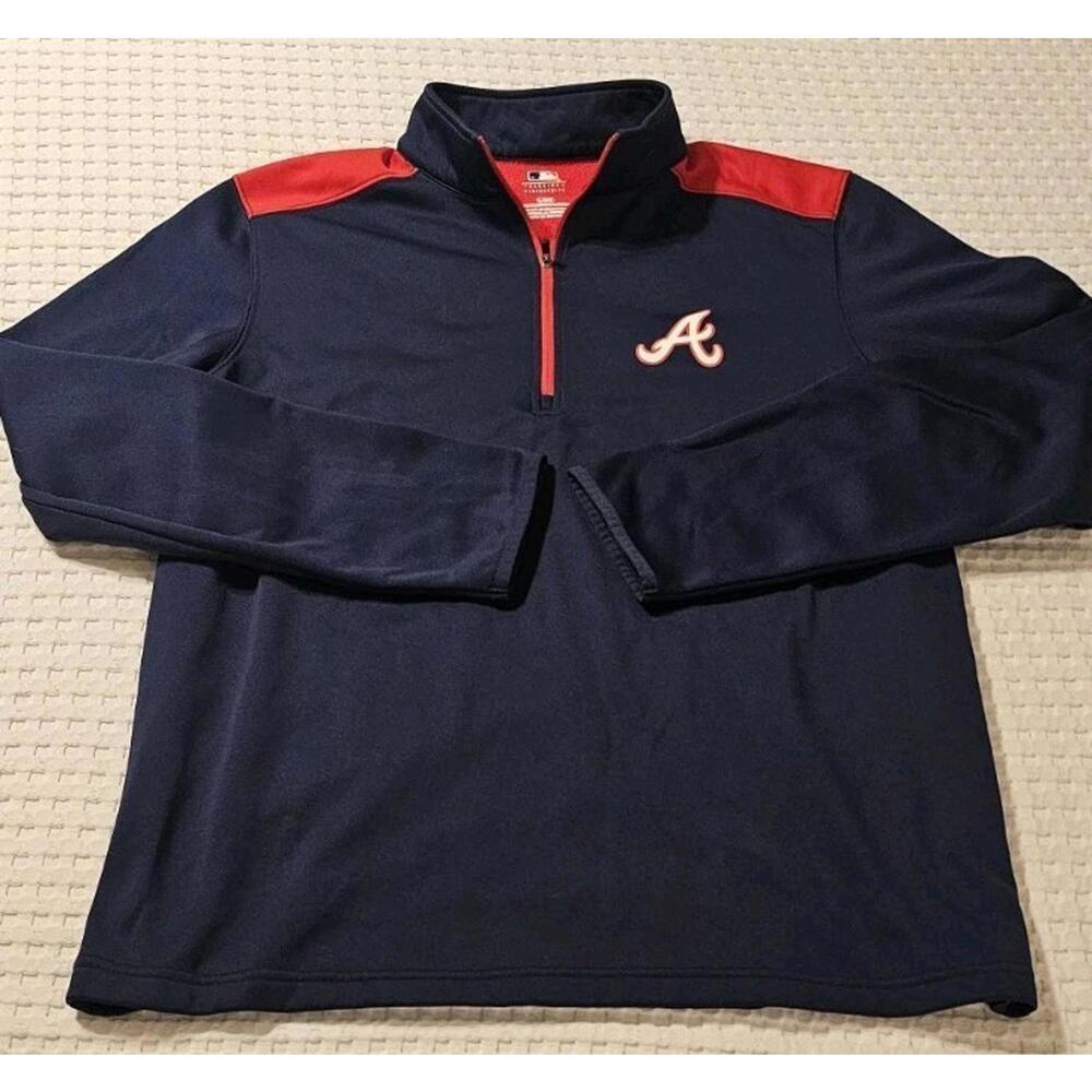Atlanta Braves Sweatshirt Men Large Blue Polyester 1/4 Zip Baseball MLB Fan EUC